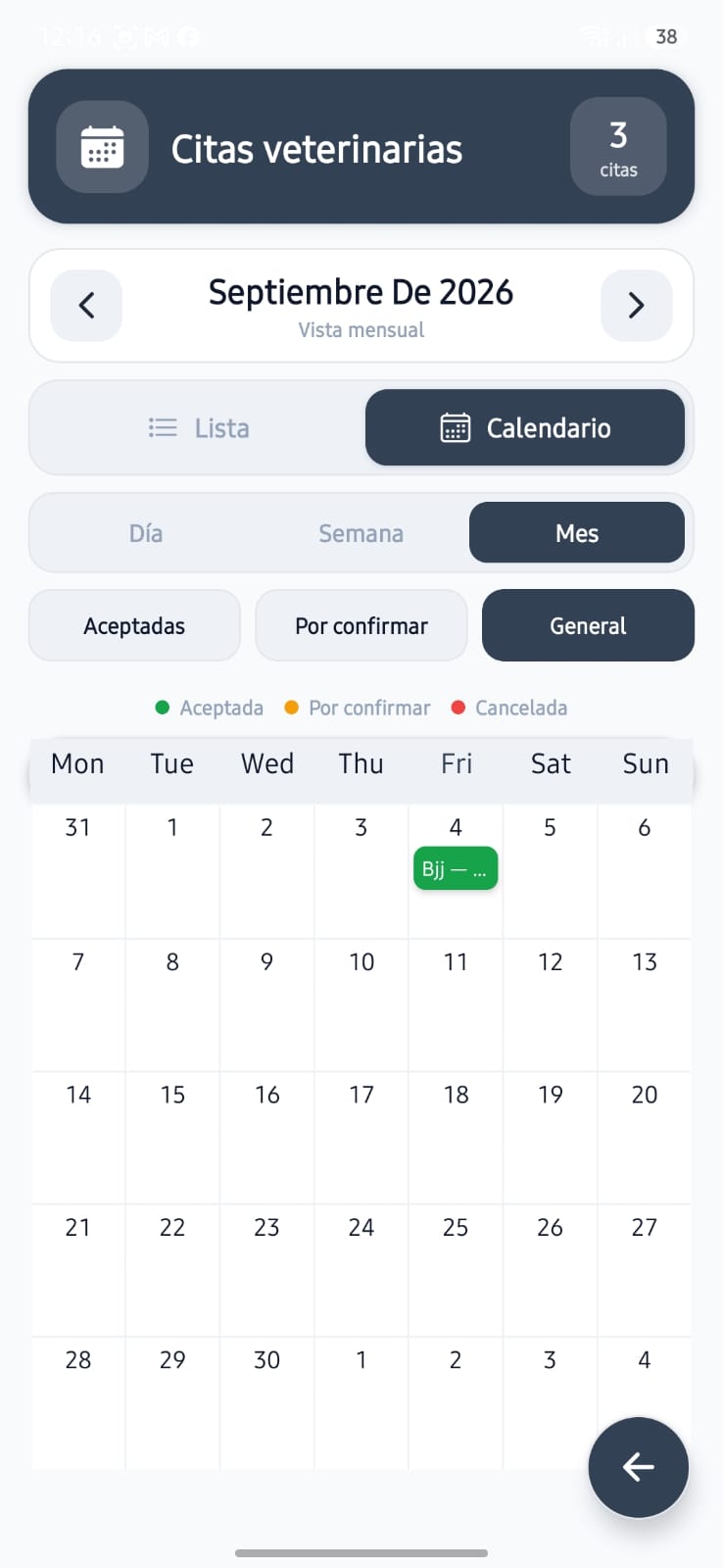 Calendario mensual de citas veterinarias en psDoctor
