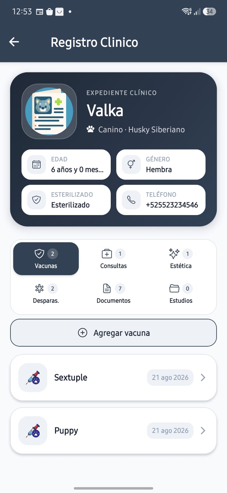 Expediente clínico de una mascota en psDoctor